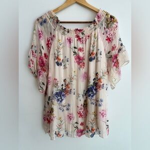 ANGELA MODA Lined Silk Pullover Off-Shoulder Blouse Floral Sheer Made Italy Chic